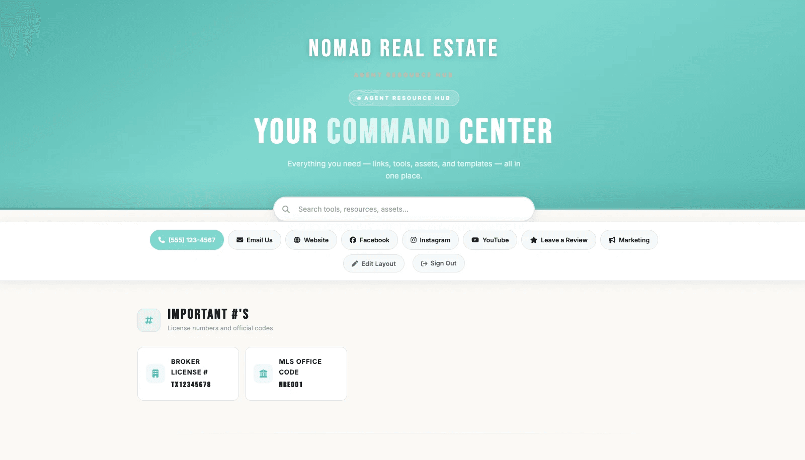 Nomad Real Estate hub — command center with search, quick-action pills, and Your Command Center hero