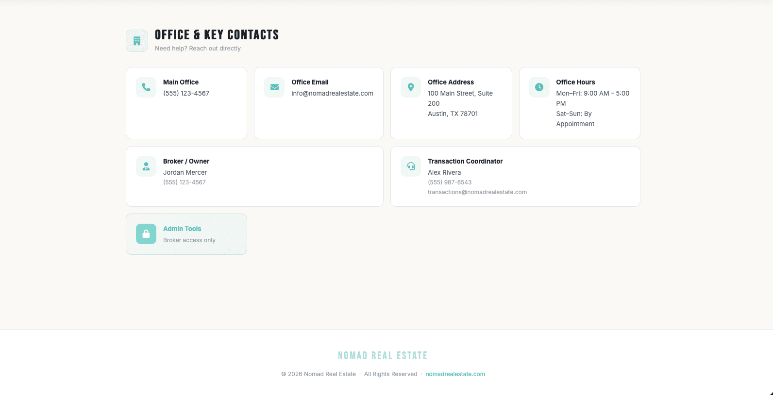 Office & Key Contacts — section of the Nomad Real Estate hub